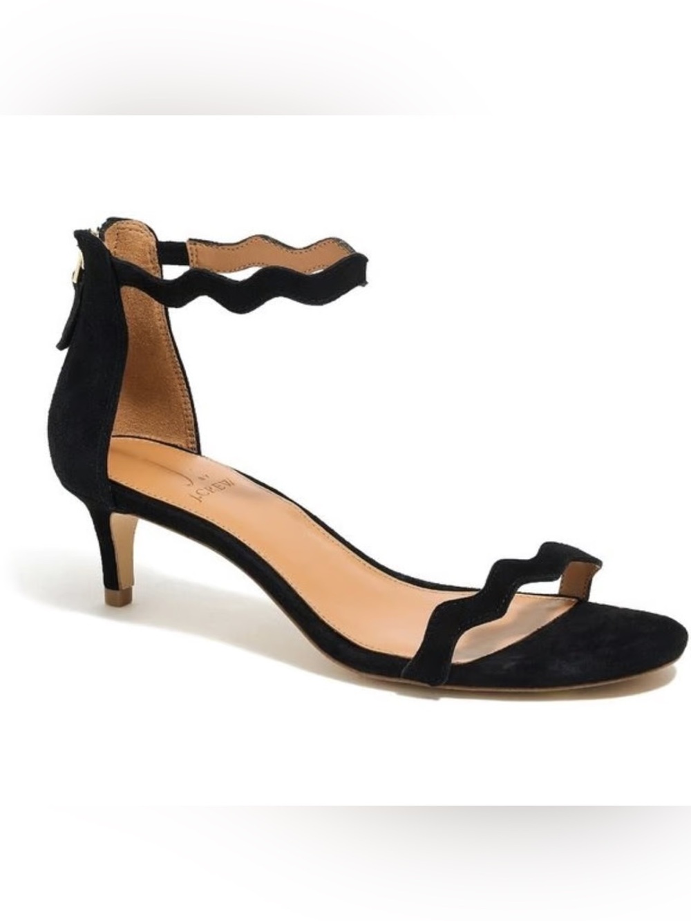 J. Crew Black Suede Scalloped Kitten Ankle-Strap Heels